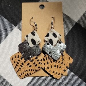Faux leather dangle double sided black, cow print, spotted new earrings